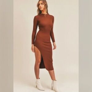 Mable Ribbed Mock Neck Sheath Bodycon Stretch Midi Dress